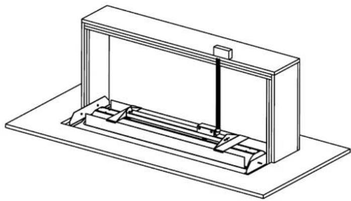 Isometric line drawing of a mechanical assembly with a rectangular frame and support structure (no text or symbols)