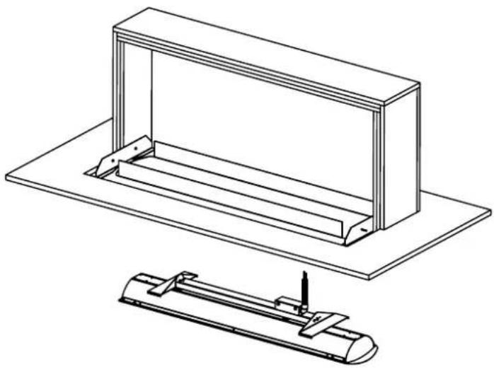 Technical line drawing of a mechanical assembly with a bracket and a base component (no text or symbols)