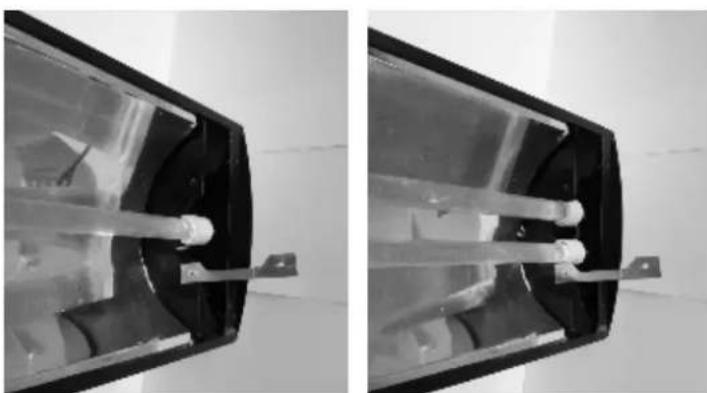 Close-up of a mechanical component with transparent glass and internal pipes, shown from two angles (no text or symbols visible)