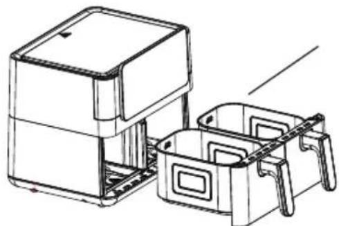 Line drawing of a kitchen appliance with a rectangular housing and two side compartments (no text or symbols)