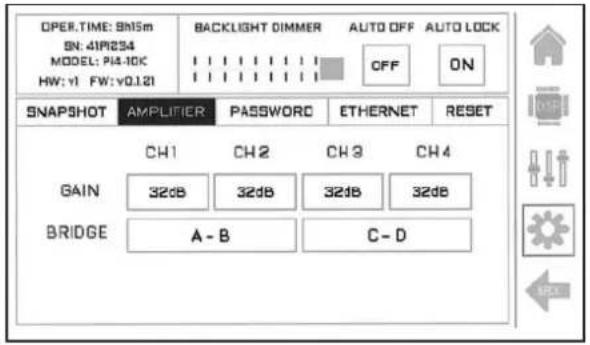 OPER.TIME: SN15m SN: 4IP234 MODEL: PI4-10C HW: v1 FW: v0.121 BACKLIGHT DIMMER AUTO OFF AUTO LOCK OFF ON SNAPSHOT AMPLIFIER PASSWORDC ETHERNET RESET CH1 CH2 CH3 CH4 GAIN 32dB 32dB 32dB 32dB BRIDGE A - B C - D