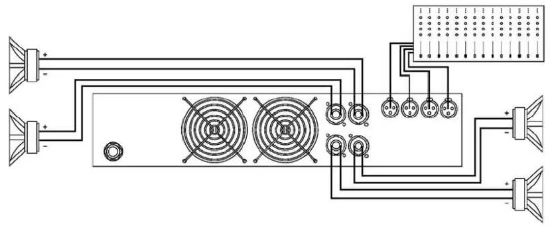 Electrical wiring diagram showing connections between speaker sources, fan fans, and a grid of connected components