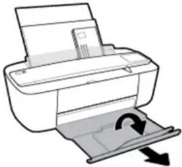 Line drawing of a printer with a paper sheet being inserted, showing paper movement (no text or symbols)