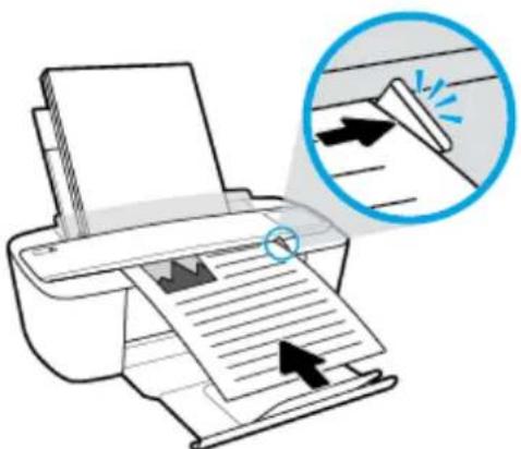Illustration of a printer with paper feed and paper cuts, showing a magnified view of the printer's tip (no text or symbols present).