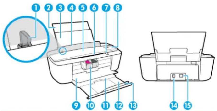 Diagram of a printer with numbered parts and an inset view highlighting the front portion of the printer.
