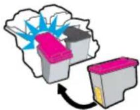 Illustration of two pink inkjet boxes with blue explosion effects and a curved arrow indicating rotation (no text or symbols).
