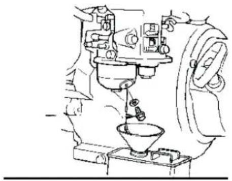 Line drawing of a sewing machine with a funnel and base mount (no text or symbols)