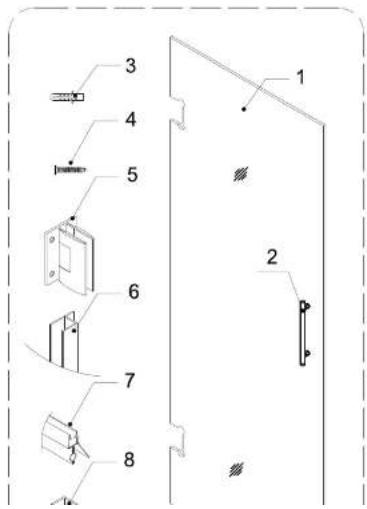 Technical diagram showing labeled components of a mechanical or electrical assembly with numbered parts 1 through 8.