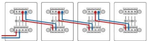 Electrical wiring diagram showing four identical configurations with red and blue wires connected to terminal blocks