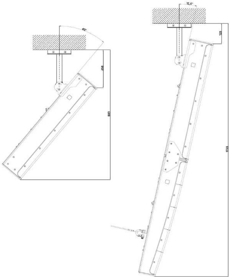Technical drawing of a mechanical assembly with dimension annotations and cross-sectional views