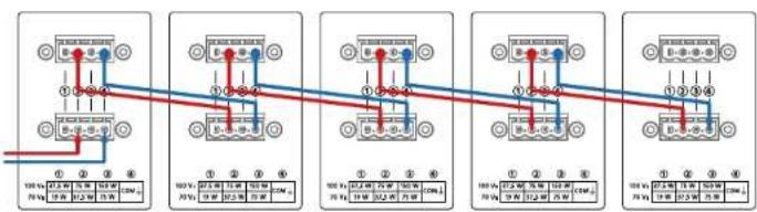 Electrical wiring diagram showing five different connection configurations with labeled terminals and wire specifications