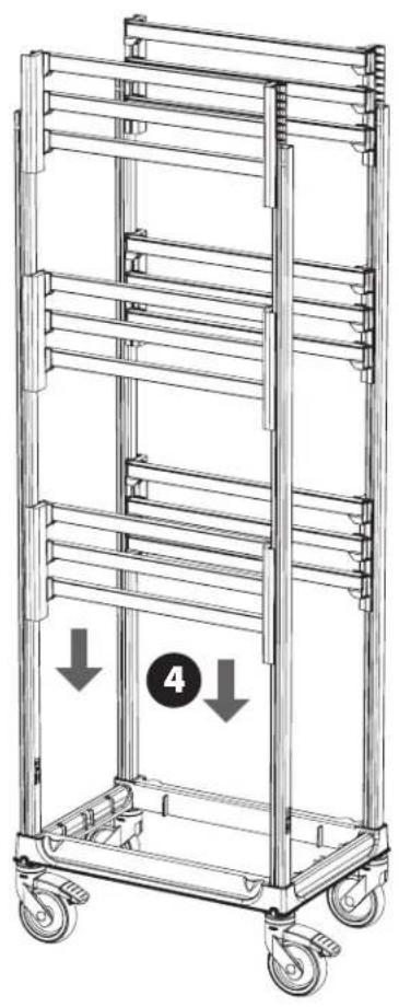 Technical line drawing of a multi-level metal shelving unit with wheels and a numbered circular indicator (no text or symbols)