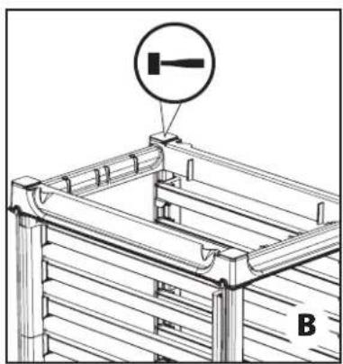 Technical line drawing of a mechanical assembly with a circular component and labeled part B (no text or symbols beyond label)