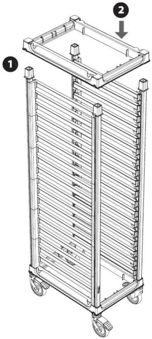 Technical diagram of a multi-tiered rack-mounted machine with labeled components and directional arrow