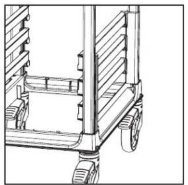 Technical line drawing of a wheeled cart with wheels and pallets (no text or symbols)