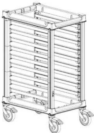 Technical line drawing of a multi-level rack-mounted cargo cart with wheels (no text or symbols)