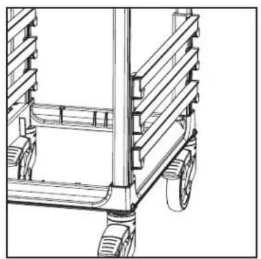 Technical line drawing of a mechanical cart with wheels and structural supports (no text or symbols)