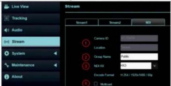 Live View Tracking Audio Stream System Maintenance About Stream Stream1 Stream2 NCI Camera ID: 0.0418 Location: Screen Group Name: Public NCI HX: NCI3 Encode Format: In 264 / 1520x1000 / 60p Multicast