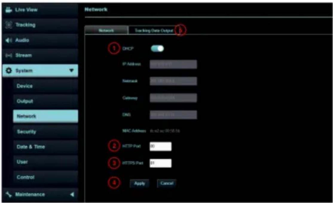 Live View Tracking Audio Stream System Device Output Network Security Date & Time User Control Maintenance Network Tracking Data Output DHCP IP Address: 987.12.0.07 Network: 987.12.0.07 Gateway: 987.12.0.07 DNS: 987.12.0.07 MAC Address: 987.12.0.07 HTTP Pad: 987.12.0.07 HTTPS Pad: 987.12.0.07 Apply…