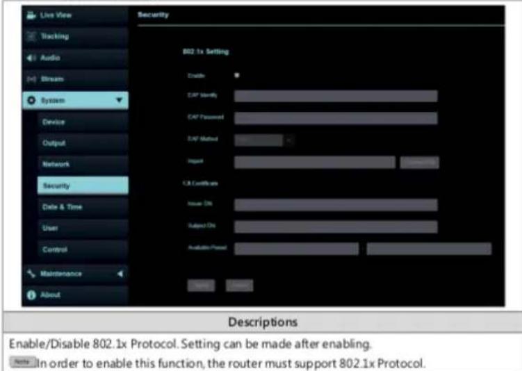 Line View Tracking Audio Streams System Device Output Network Security Date & Time User Control Maintenance About Security 802.1x Setting Enable CAP Identify CAP Password CAP Method Import CAI Certificate Issuer IDs Subject IDs Available Protocol Next Next Descriptions Enable/Disable 802.1x Protocol…