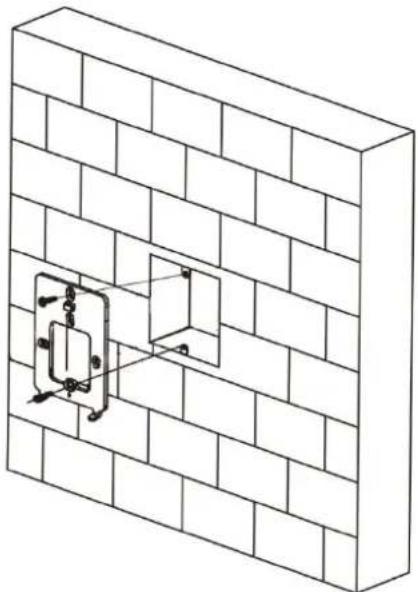 Isometric line drawing of a brick wall with a small rectangular component embedded in it, no text or symbols present.