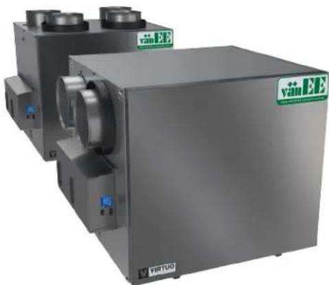 Exterior view of two stainless steel industrial machines with green branding (no readable text or symbols beyond branding)