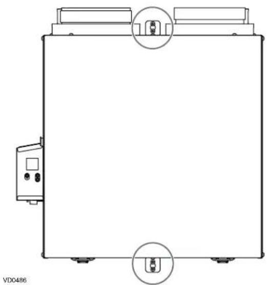 Technical line drawing of a rectangular device with two circular annotations highlighting internal components (no text or symbols present)