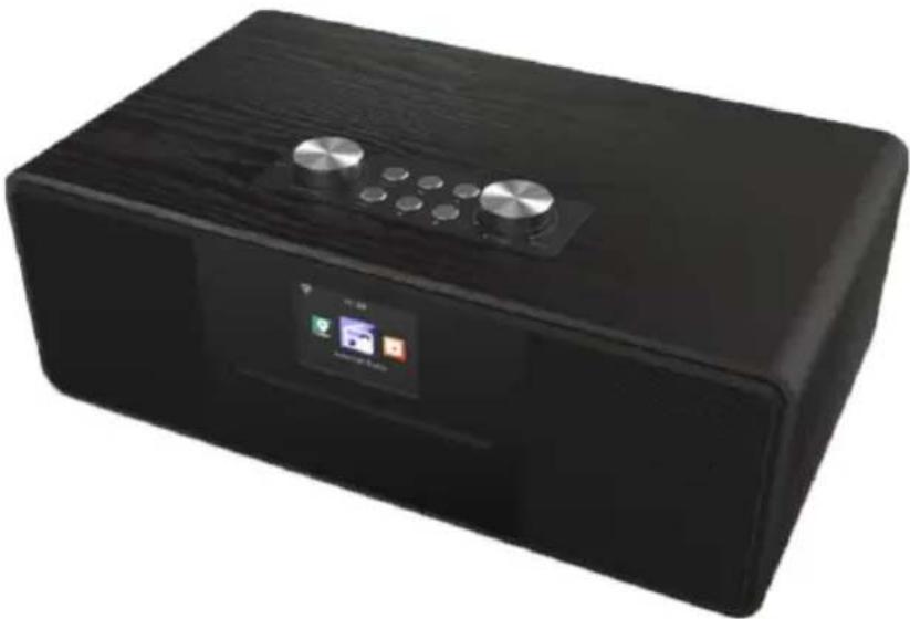 Black rectangular electronic device with digital display showing app icons (no readable text or symbols)