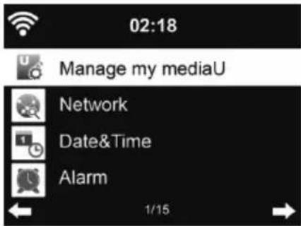 02:18 Manage my mediaU Network Date&Time Alarm 1/15
