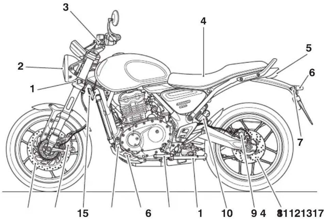 Technical diagram of a motorcycle with numbered parts for identification