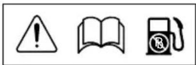 Three black-and-white icons: warning triangle, open book, and fuel pump with 'R' symbol