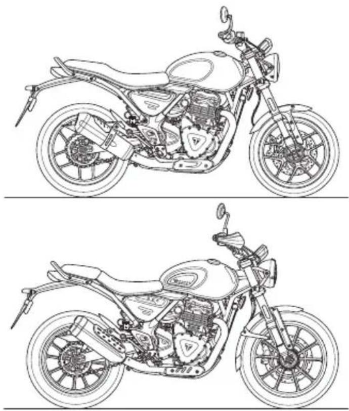 Technical line drawings of a motorcycle showing internal components and engine bay (no text or labels)