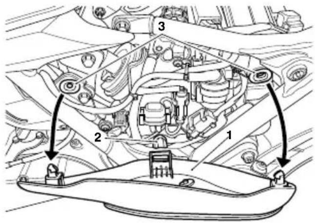 Technical diagram of a vehicle engine assembly with numbered components and directional arrows indicating parts of the body.