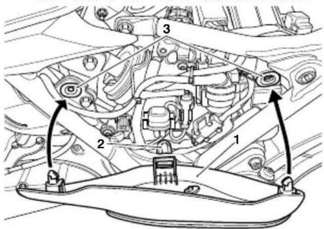 Technical diagram of a vehicle engine compartment with numbered parts and directional arrows indicating assembly or movement.