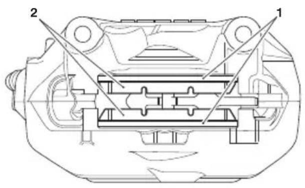 Technical diagram of a mechanical assembly with labeled parts 1 and 2