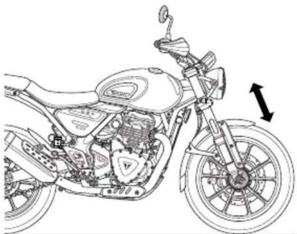 Line drawing of a motorcycle's front wheel and engine components (no text or symbols)