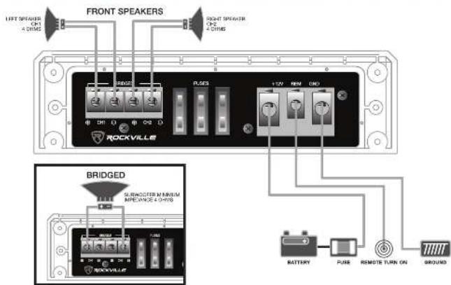 FRONT SPEAKERS RIGHT SPEAKER OFF 4 DIMS RICHES 12V 500 000 BROCKVILLE BRIDGED SURROCCER MINIMUM MPEANCE 4 DIMS BATTERY FUSE REMOTE TURN ON GROUND
