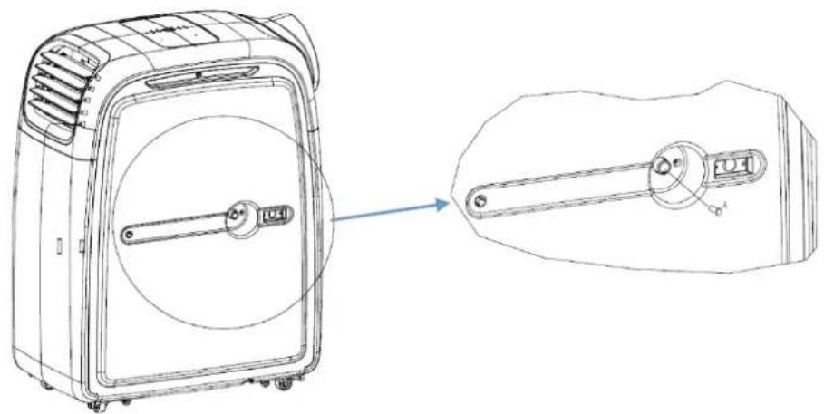Technical line drawing of a portable air conditioner unit with a close-up view of its internal components (no text or symbols)