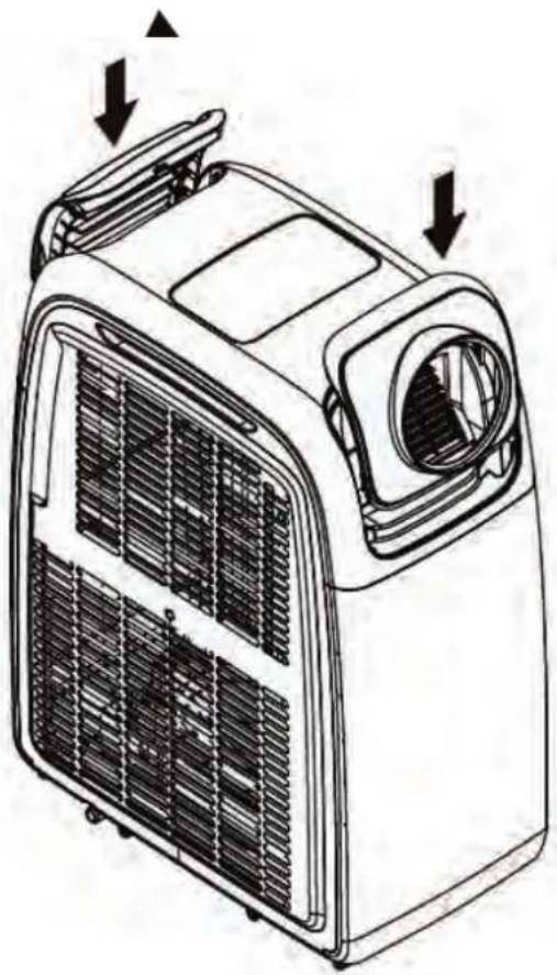Line drawing of a car air conditioner unit with airflow arrows indicating airflow direction (no text or symbols)