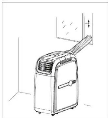 Line drawing of an air conditioner unit with a coiled hose and ventilation grille (no text or symbols)