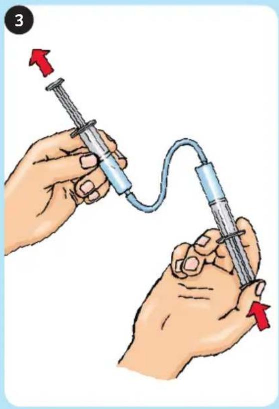 Illustration of two hands holding a medical device with a curved tube and needle, no text or symbols present