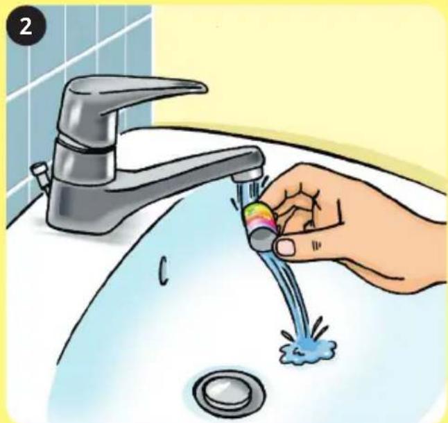 Illustration of a hand washing a faucet with water, placed on a sink (no text or symbols)
