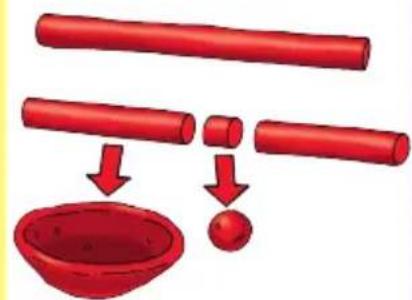 Illustration of a red cylindrical object being processed with a bowl and a ball, showing structural change (no text or symbols)