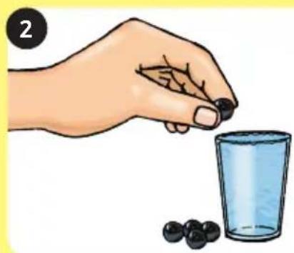 Illustration of a hand pouring black berries into a glass with scattered blueberries (no text or symbols)
