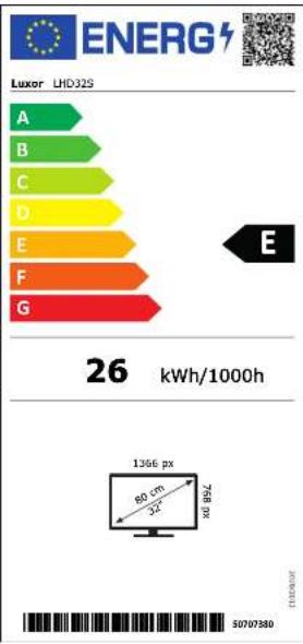 ENERG Luxor LHD32S A B C D E F G 26 kWh/1000h 1356 px 80 cm 32° 75.98" 50707380