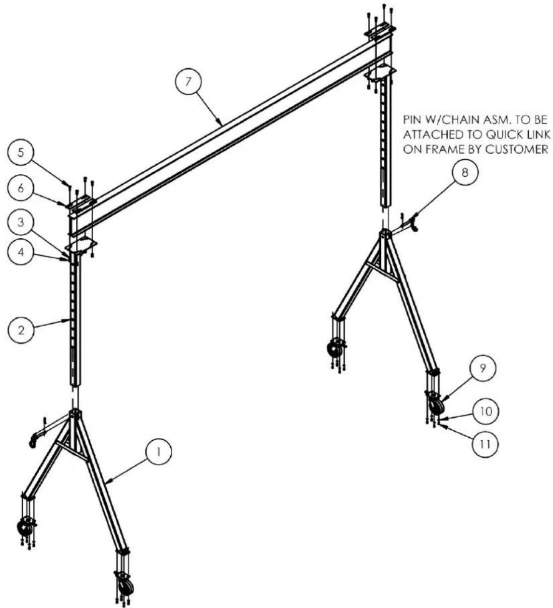 PIN W/CHAIN ASM. TO BE ATTACHED TO QUICK LINK ON FRAME BY CUSTOMER 7 8 9 10 11 1 2 3 4 5 6