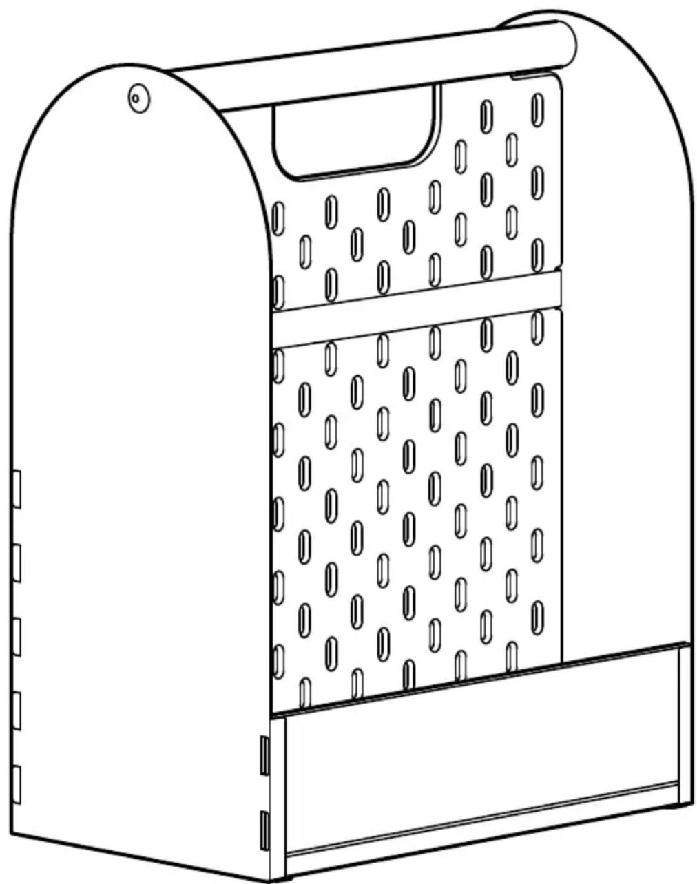 Technical line drawing of a mechanical device with perforated panel and curved top (no text or symbols)