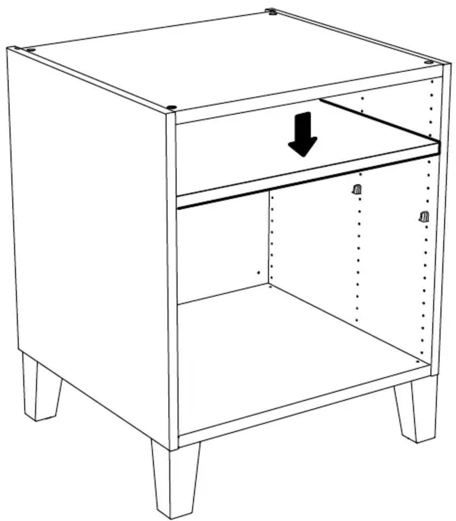 Dessin au trait d'une armoire simple avec quatre pieds et une porte, montrant la structure interne et une flèche vers le bas indiquant un mouvement (sans texte ni symboles).