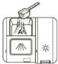 Diagram showing a cleaning or dust removal device with labeled components and directional arrows indicating flow or inspection.
