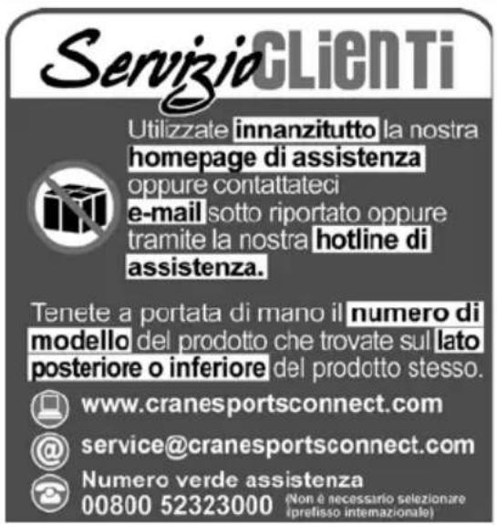 ServizioCLIENTI Utilizzate innanzitutto la nostra homepage di assistenza oppure contattateci e-mail sotto riportato oppure tramite la nostra hotline di assistenza. Tenete a portata di mano il numero di modello del prodotto che trovate sul lato posteriore o inferiore del prodotto stesso. www.cranespo…